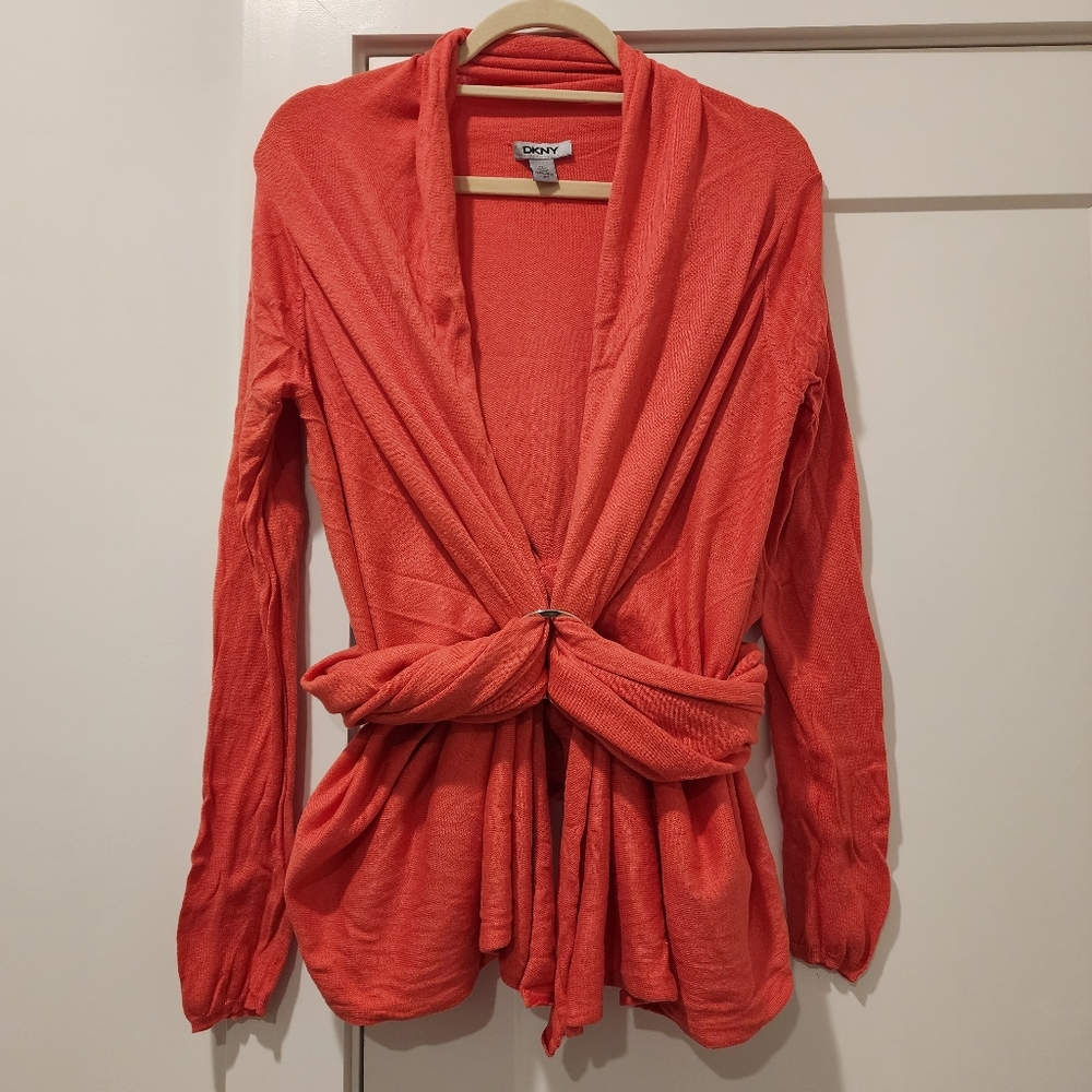 EUC DKNY "The Cozy" Multi-Way Cardigan Rose Red with Stylish Ring